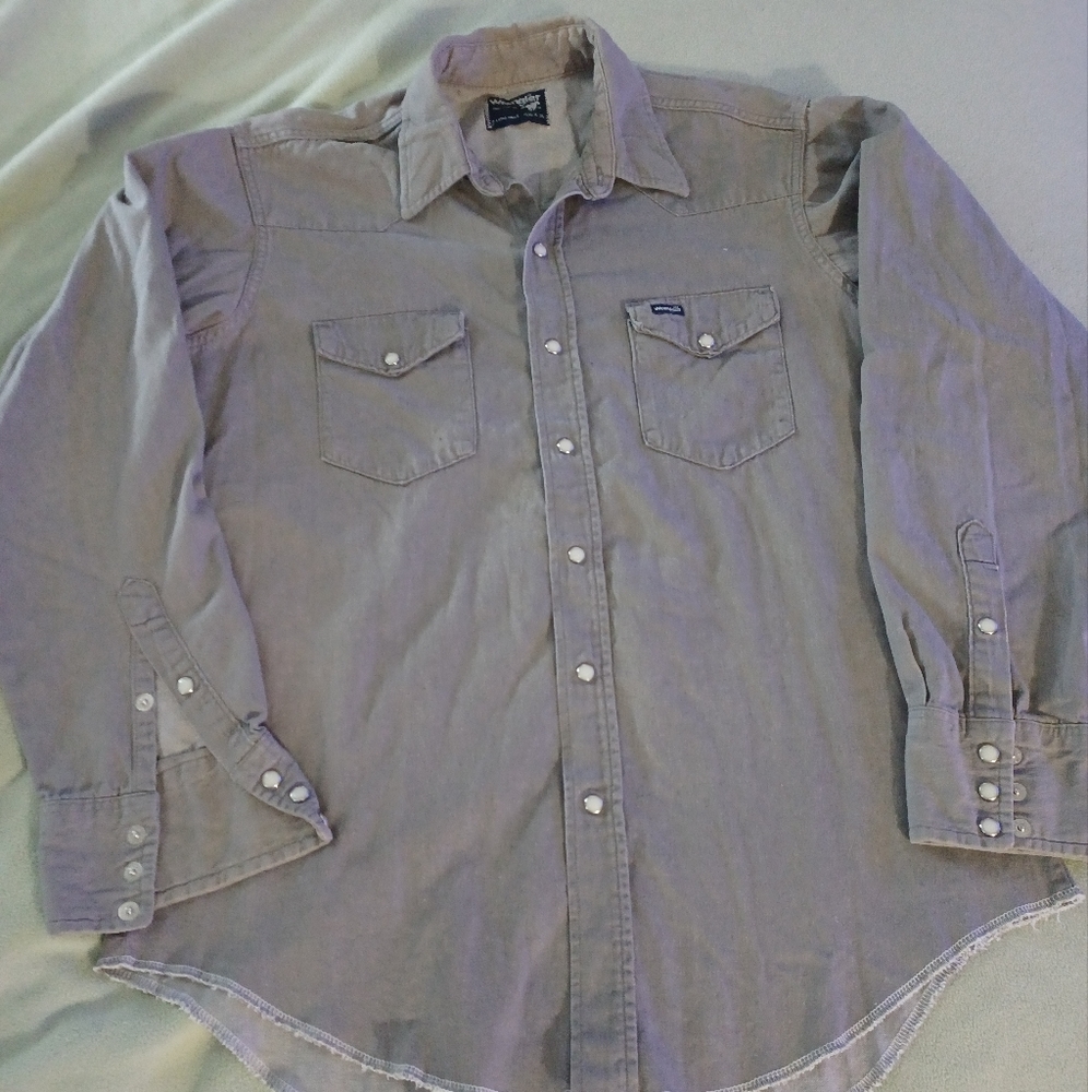 Vtg WRANGLER Grey Cotton Pearl Snap L/S Shirt Mens 16.5-35 X Long Tails